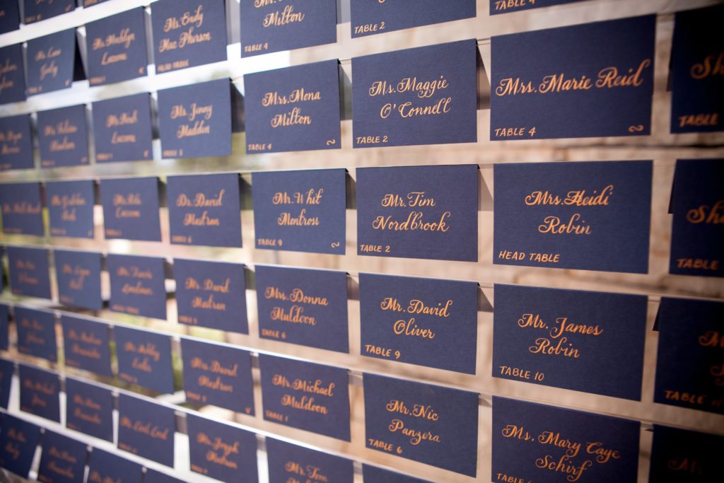 navy and rose gold escort cards