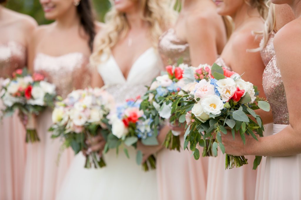 blue, green and coral wedding bouquets